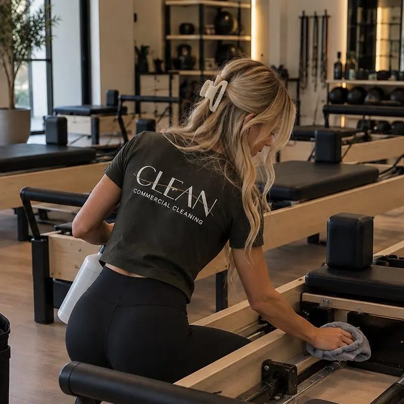 CLEAN team member detailing a Pilates reformer